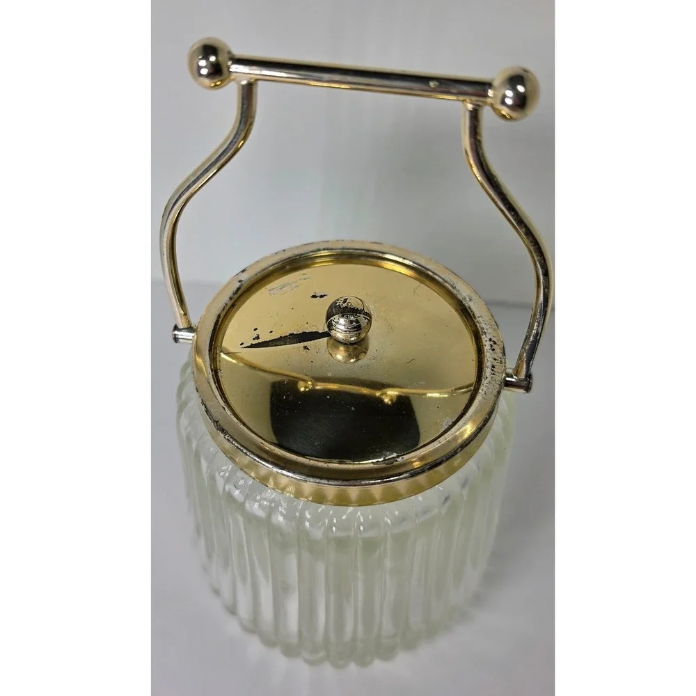 Vintage Ribbed Glass Biscuit Jar Ice Bucket Gold Tone Lid Swing Handle MCM